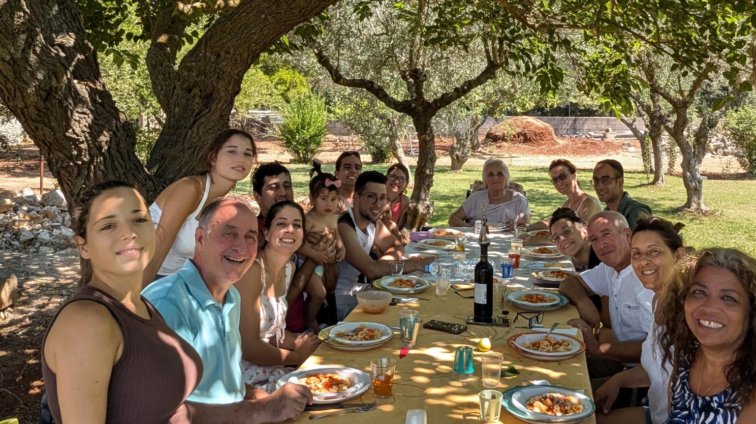 A long lunch table under the olive trees